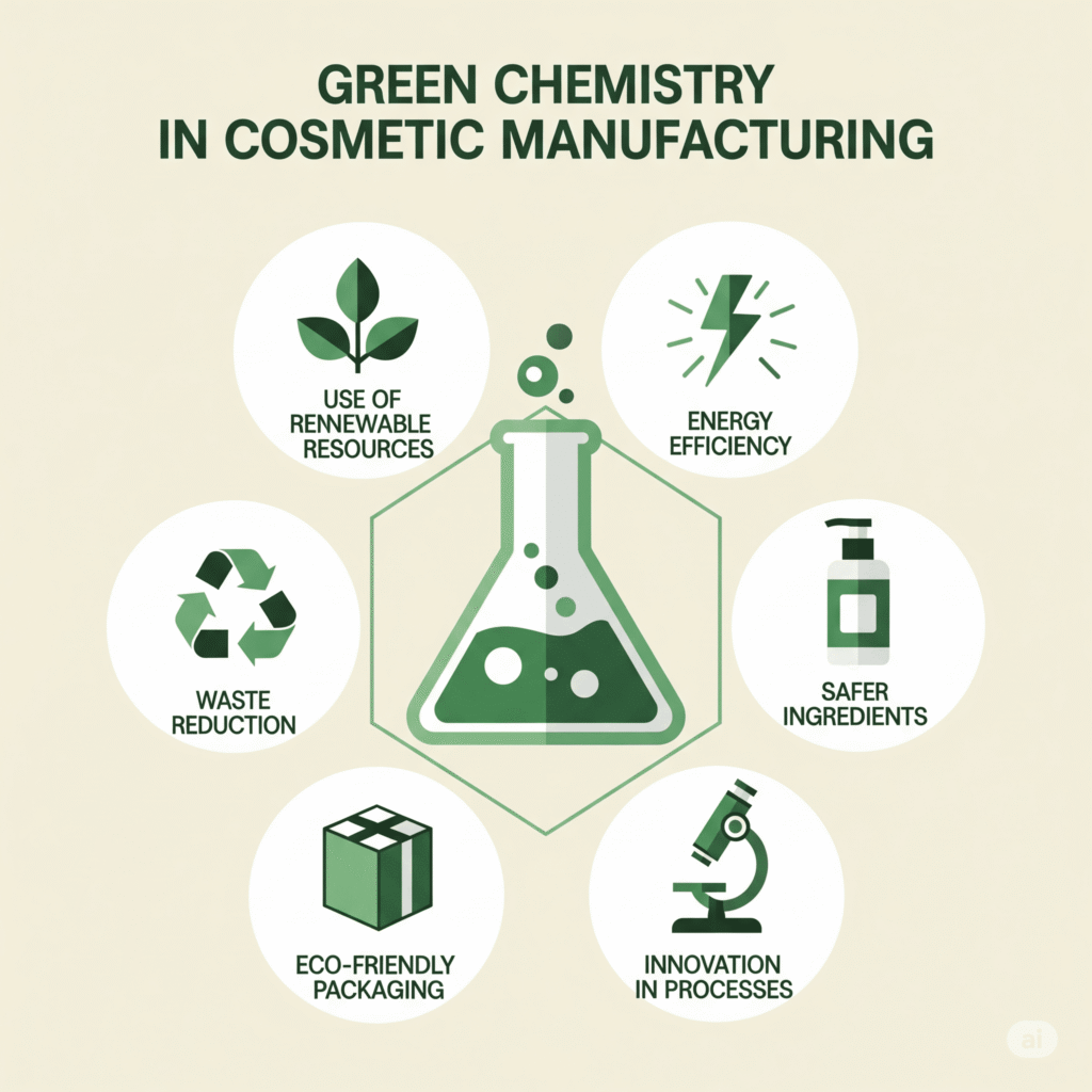Green chemistry in cosmetics: renewable resources, eco packaging, safer ingredients, energy efficiency.
