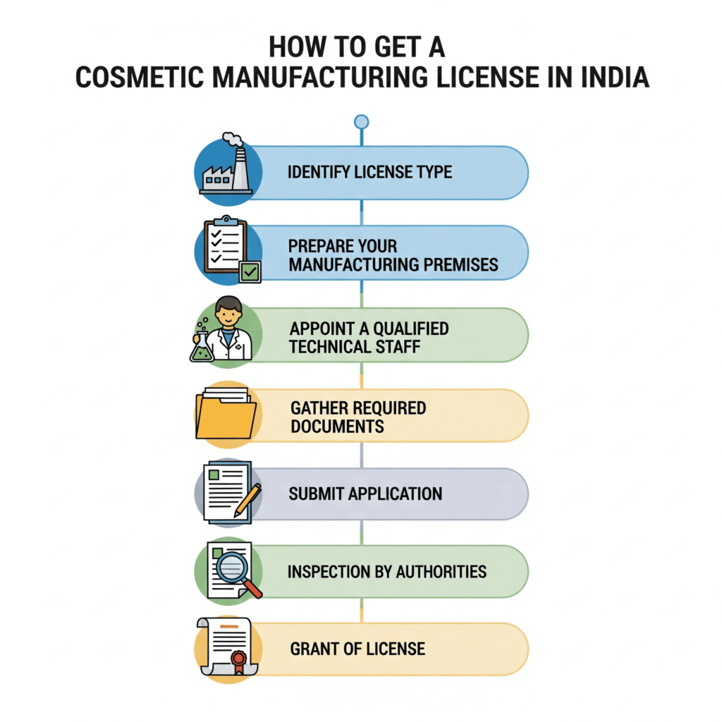Cosmetic manufacturing license process in India: license type, premises, staff, documents, application, inspection, approval.