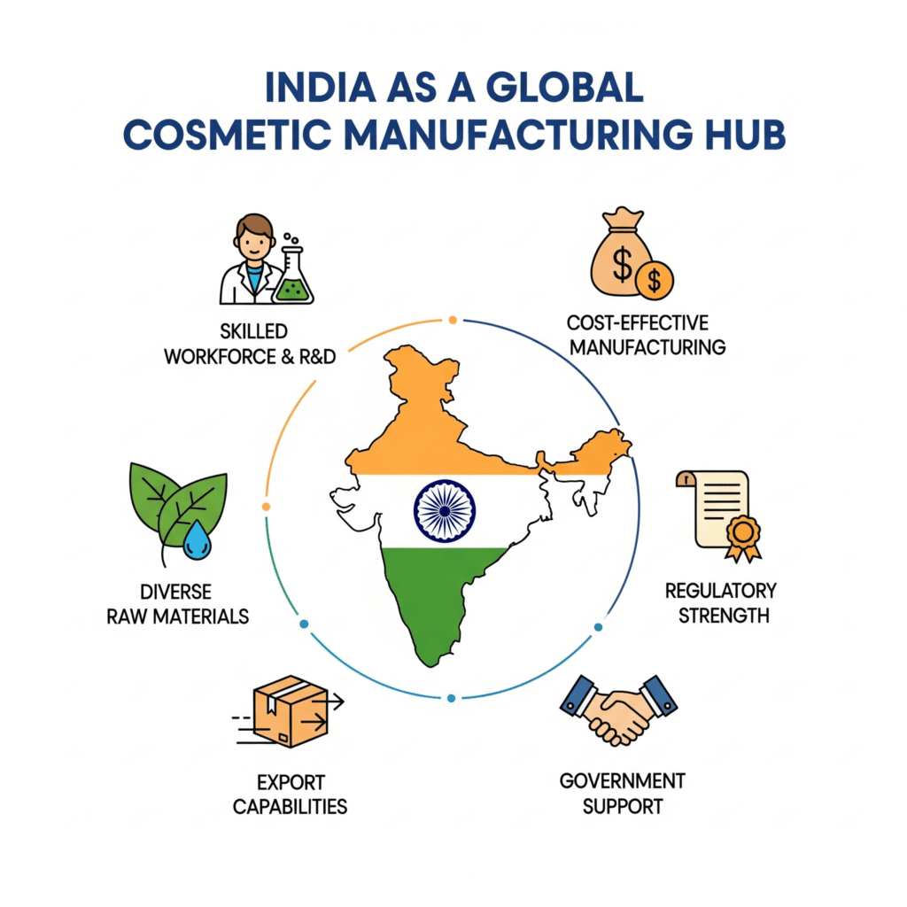India as a global hub for cosmetic manufacturing with key strengths.