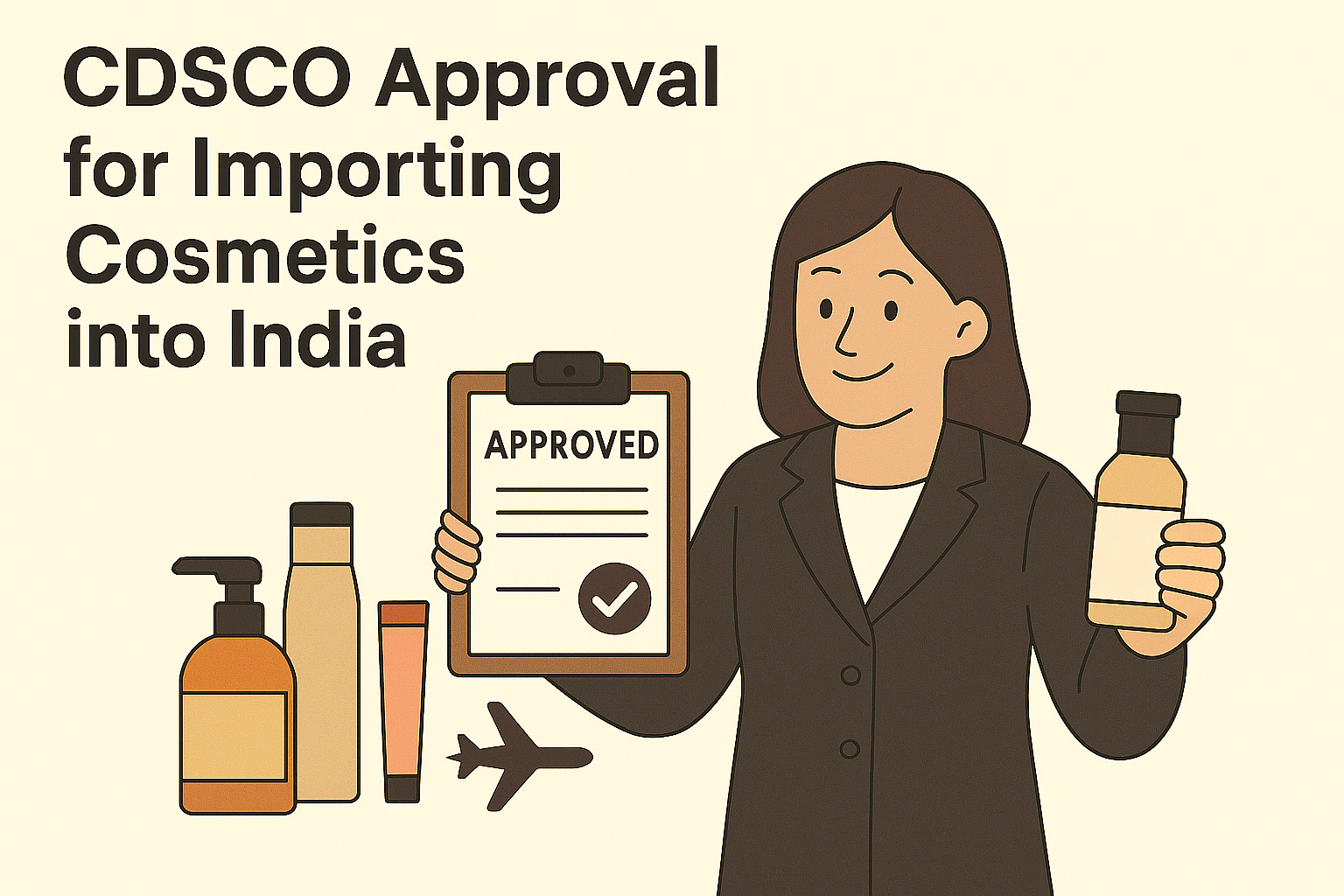 Woman with cosmetic bottle and approved document, representing a cosmetic import service provider. Text: “CDSCO Approval for Importing Cosmetics into India."