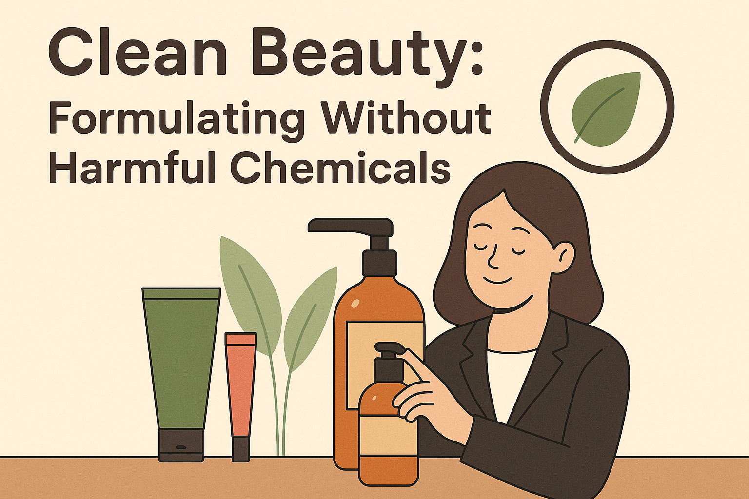 Woman with cosmetic bottle, surrounded by products and leaves. Text above: "Clean Beauty: Formulating Without Harmful Chemicals."