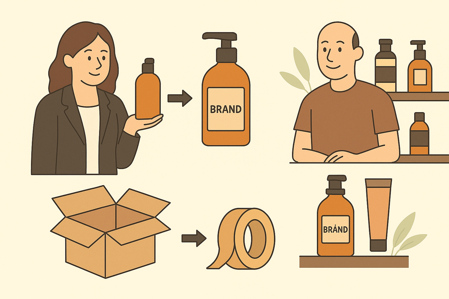 Illustration of private labeling with a businesswoman, factory worker, and branded products